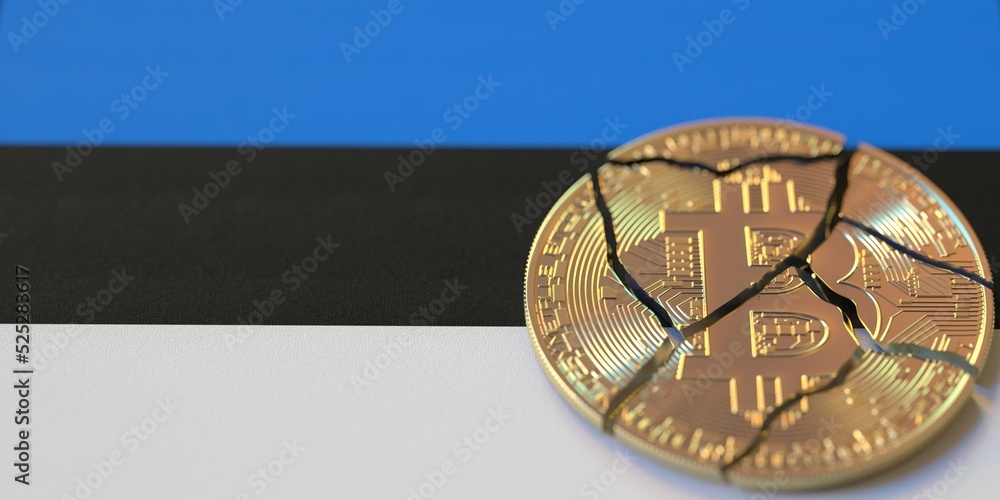 Poster flag of estonia and destroyed bitcoin. cryptocurrency ban or restrictions related 3d rendering