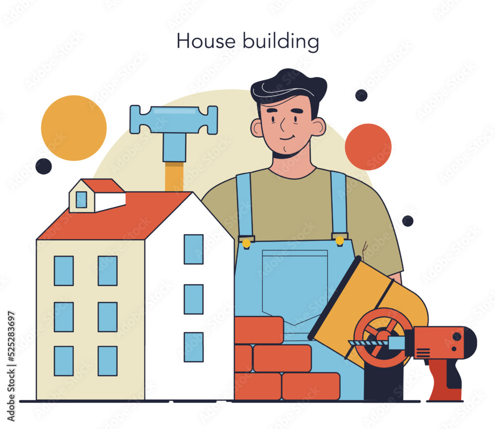 Poster builder. workers constructing house with tools and materials