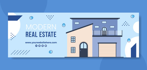 Real Estate and Modern Home Header Cover Template Hand Drawn Cartoon Flat Illustration