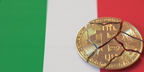 Flag of Italy and broken bitcoin. Cryptocurrency ban or crypto legal issues concepts, 3d rendering