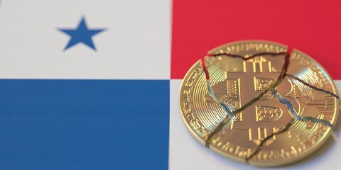 Fototapeta na wymiar Flag of Panama and broken bitcoin. Cryptocurrency ban or crypto legal issues concepts, 3d rendering
