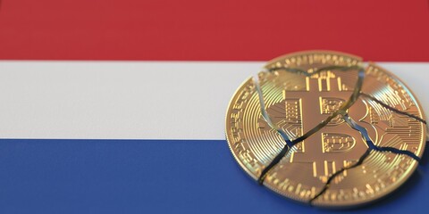 Fototapeta na wymiar Flag of the Netherlands and broken bitcoin. Cryptocurrency ban or crypto legal issues concepts, 3d rendering