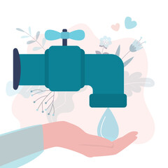 Save water, concept banner. Water tap and large drop. The problem of ecology and irreplaceable natural resources of planet. Hand catches big drop.