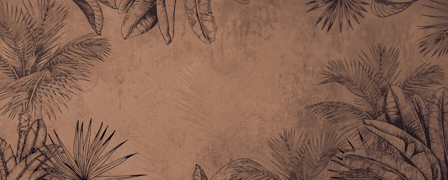 Banner tropicale con spazio riservato al copy. Sfondo palme.