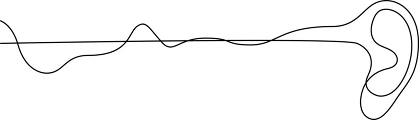 Human ear and weak audio wave continuous line drawing. Hearing problems concept. Hearing clinic, audiologist, otolaryngologist symbol. Business corporate identity template. Vector illustration.