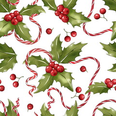Christmas pattern with holly and satin ribbon. Seamless pattern for the new year.