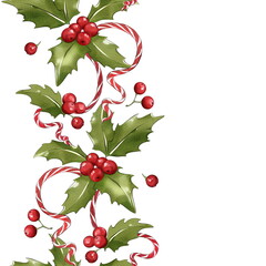 Christmas seamless border made of mistletoe and ribbon - 525284482
