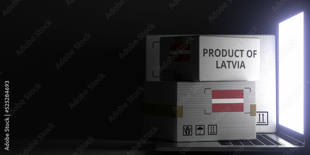 Poster cartons with product of latvia text and flag on the laptop, black background. 3d rendering