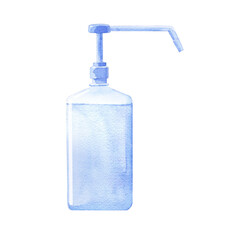 ボトル式手指消毒液・ハンドジェルの水彩イラスト。ハンドサニタイザー。（透過背景）