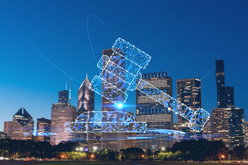 Chicago skyline from Butler Field to financial district skyscrapers, night time, Illinois, USA. Parks and gardens. Legal icons hologram. The concept of law, order, regulations and digital justice