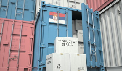 Cargo containers and boxes with products from Serbia. National industry related conceptual 3D rendering