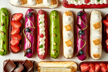 A set of different eclairs with filling. Selective focus, close-up