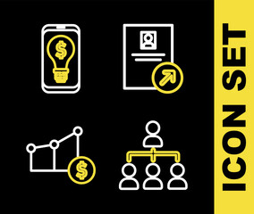 Set line Job promotion, Hierarchy organogram chart, Pie and dollar and Light bulb with mobile icon. Vector