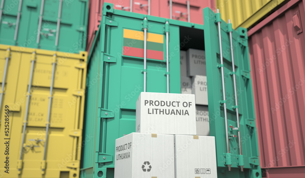 Poster cartons with goods from lithuania and shipping containers in the port terminal or warehouse. nationa