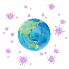 Obraz na płótnie Canvas コロナウィルスに囲まれた地球のイメージ。水彩イラスト。日本、アジア、オーストラリア、中国、インドネシア、太平洋（透過背景） 