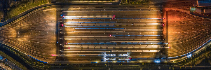 Aerial photo of high-speed rail parked on railway tracks in high-speed rail warehouse.Taken at Nanjing South Railway Station, Nanjing City, Jiangsu Province, China