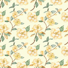 Seamless watercolor floral pattern from yellow magnolias on yellow background.Use for textile,fabrics,clothes,etc.