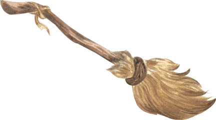 Witch broom watercolor illustration.