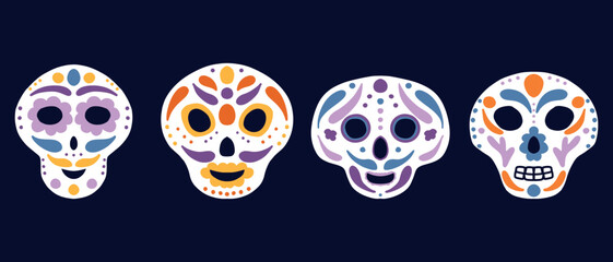 Skulls set. Vector illustration. Skulls for the day of the dead. Skulls with patterns.