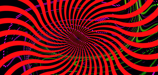 Neon red wavy line ray on black background. Optical illusion. Innovation technology concept. Green Glitch art trippy geometric digital screen. Backdrop. Template. Fractal card. Virtual reality. Flyer.
