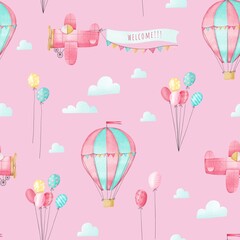 Seamless pattern air balloons, airplanes, clouds, colored balloons. Pink background. Cute cartoon style. Stock illustration.