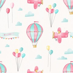 Seamless pattern air balloons, airplanes, clouds, colored balloons. Cute cartoon style. Stock illustration.