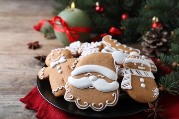 Delicious Christmas cookies on wooden table, closeup
