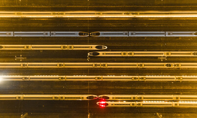 Aerial photo of high-speed rail parked on railway tracks in high-speed rail warehouse.Taken at Nanjing South Railway Station, Nanjing City, Jiangsu Province, China