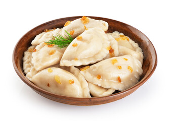 Dumplings with fried onions isolated on white background. Varenyky, vareniki, pierogi, pyrohy with filling. With clipping path.
