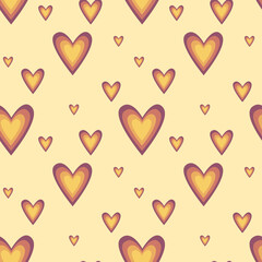 Seamless pattern with hearts in hippie style in retro colors. For textile, background, product design