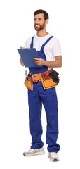 Professional plumber with clipboard and tool belt on white background