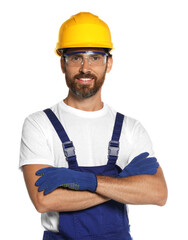 Professional builder in uniform isolated on white