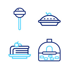 Set line Brick stove, Piece of cake, Homemade pie and Lollipop icon. Vector