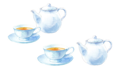 白い茶器。ティーセットの水彩イラスト。ティーポットとカップアンドソーサー。（透過背景） 