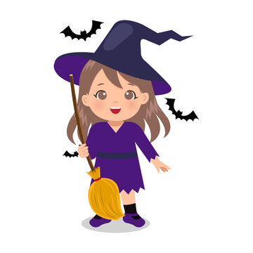 Cute girl wearing witch Halloween costume. Flat vector cartoon design