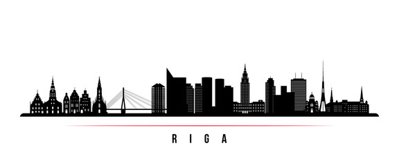Naklejka premium Riga skyline horizontal banner. Black and white silhouette of Riga, Latvia. Vector template for your design.