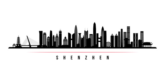 Naklejka premium Shenzhen skyline horizontal banner. Black and white silhouette of Shenzhen, China. Vector template for your design.