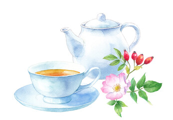 ローズヒップティーの水彩イラスト（透過背景）


