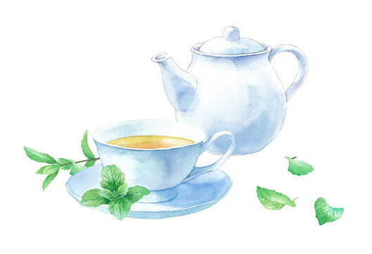 白い茶器。ミントティーのティーセットの水彩イラスト。ティーポットとカップアンドソーサー。（透過背景）