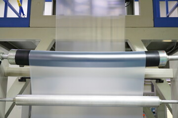Shrink film production through curvy rubber roll on polyethylene blown film machine.