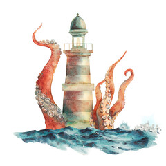 Watercolor cartoon lighthouse and giant tentacles. Nautical illustration isolated on white background. Sea card
