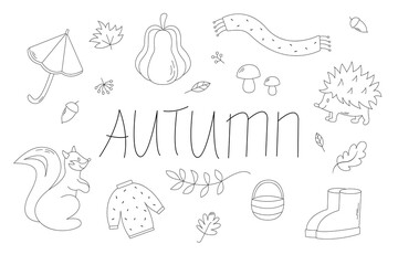 Autumn black and white stickers collection with cute seasonal elements. Scrapbook collection of fall season elements