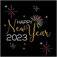 Happy new year greeting card design with festive fireworks explosionson dark background. holyday vector illustrations