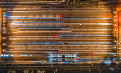 Aerial photo of high-speed rail parked on railway tracks in high-speed rail warehouse.Taken at Nanjing South Railway Station, Nanjing City, Jiangsu Province, China