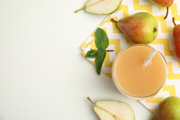 Tasty pear juice and fruits on white table, flat lay. Space for text