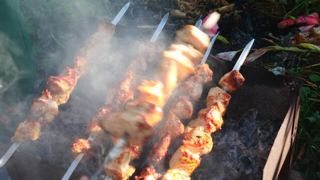 close-up barbecue meat is roasted on an open fire in nature. red roasted meat ea jampurah on coals is being prepared