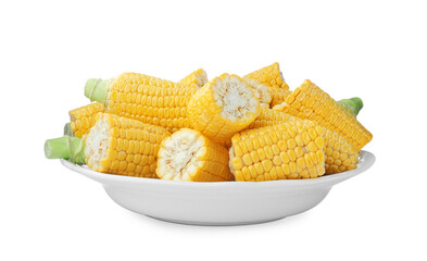 Many fresh corncobs in bowl on white background