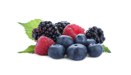 Mix of different fresh berries isolated on white