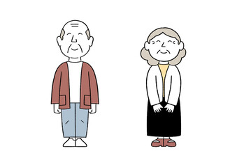 Cute elderly senior people standing. Hand drawn line art style vector illustration.