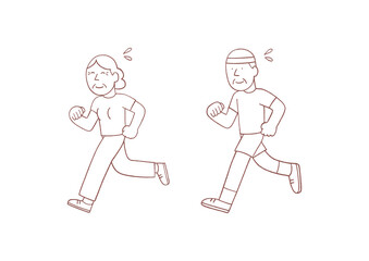 Cute and happy elderly couple are running, Hand drawn line art style vector illustration.